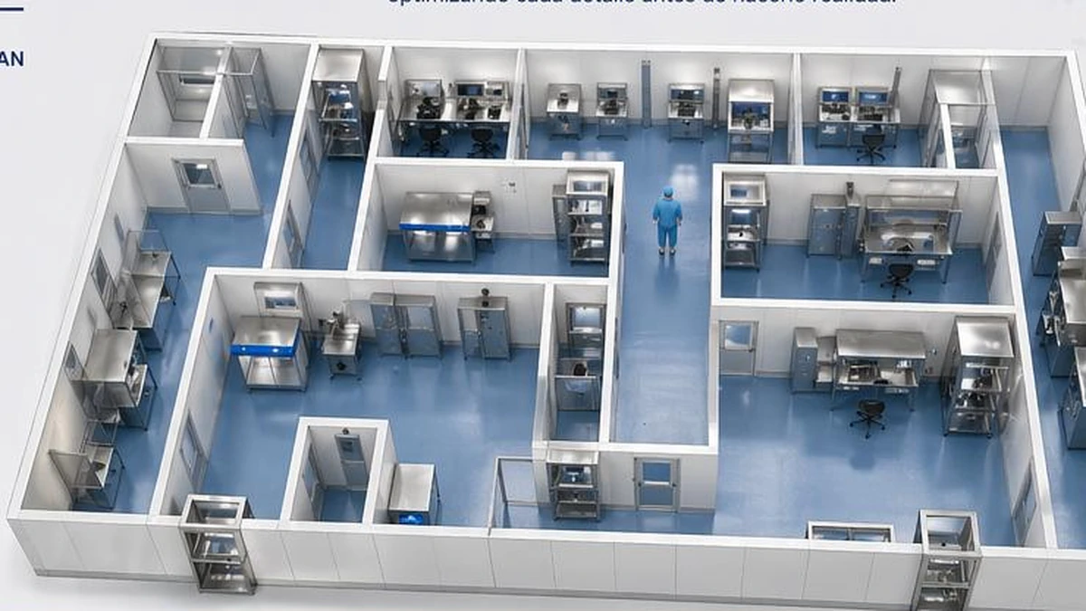 Diseño 3D de central de mezclas y áreas farmacéuticas